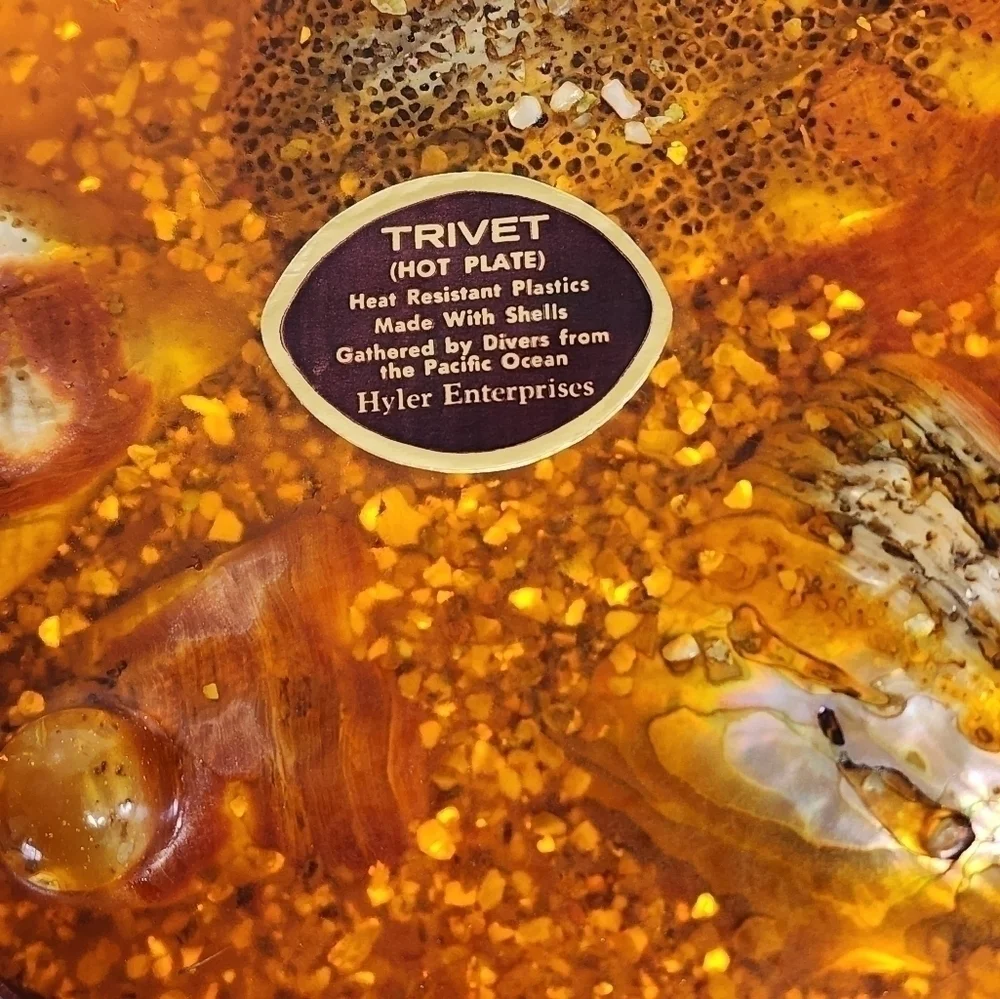 VINTAGE Orange Lucite Trivet Abalone Shell Hot Plate Pacific Ocean Shells 6.5